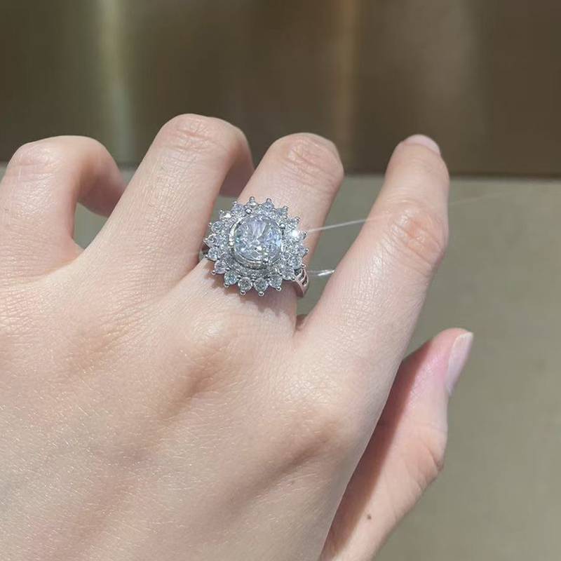 豪华满钻太阳花Women's RingS925银镀白金定制选款主石Moissanite2.0ct/副石高碳钻